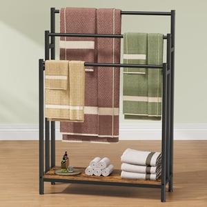 Freestanding Towel Rack Stand for Bathroom, Blanket Ladder Holder, Outdoor Bath Towel Drying Rack with Shelf, Next to Tub or Shower, Quilt Rack, Rustic Brown and Black (Size Unspecified)