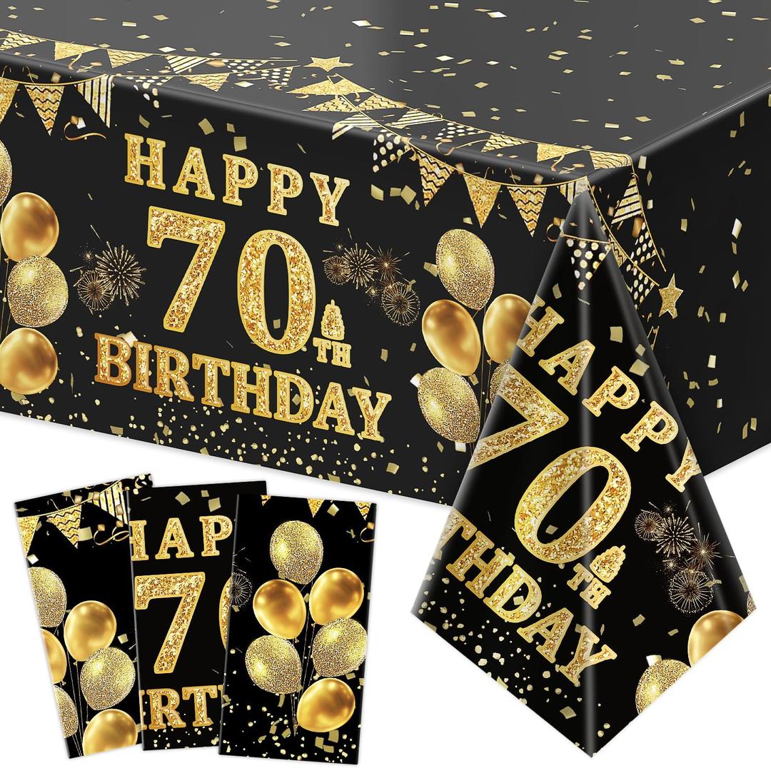 Labeol 3 Pack 70th Birthday Tablecloth, Black and Gold Happy 70th Birthday Decorations, Disposable Plastic Rectangular Table Cover Party Supplies for Men Women