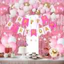 Pink Gold Birthday Party Decorations, Happy Birthday Banner, Pink Fringe Curtain, Heart Star Foil Confetti Balloons, Hanging Swirls for Women Girls Birthdays Princess Party