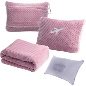 3 in 1 Travel Blanket Pillow Set - 350 GSM Thick Travel Blanket Airplane Compact with Bag, Soft Bag with a Pocket, Inflatable Travel Pillow for Camping & Car Trip (Blush Pink)