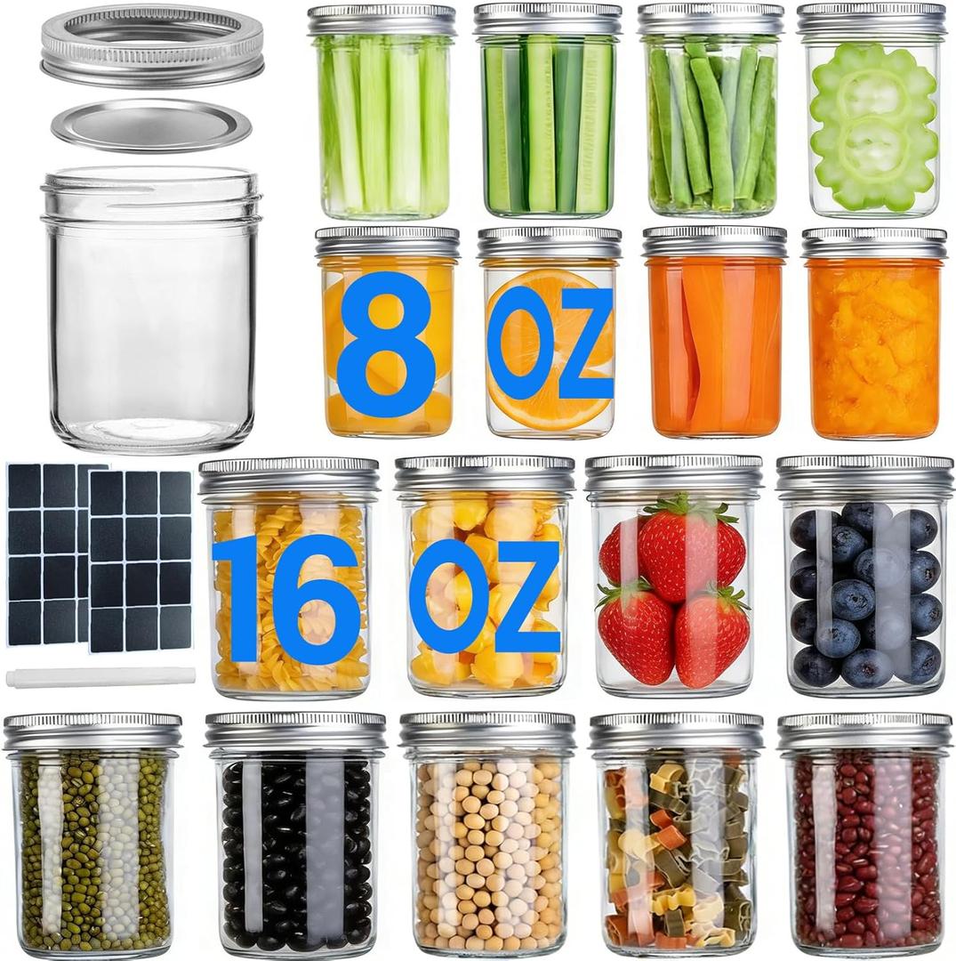 18 Pack Mason Jars, 16oz & 8oz Mason jars with Airtight Lids, Glass Canning Jars for Preserving, Jam, Kitchen Storage,Fermenting, Pickling, Freezing (9 x16 oz + 9 x 8oz)