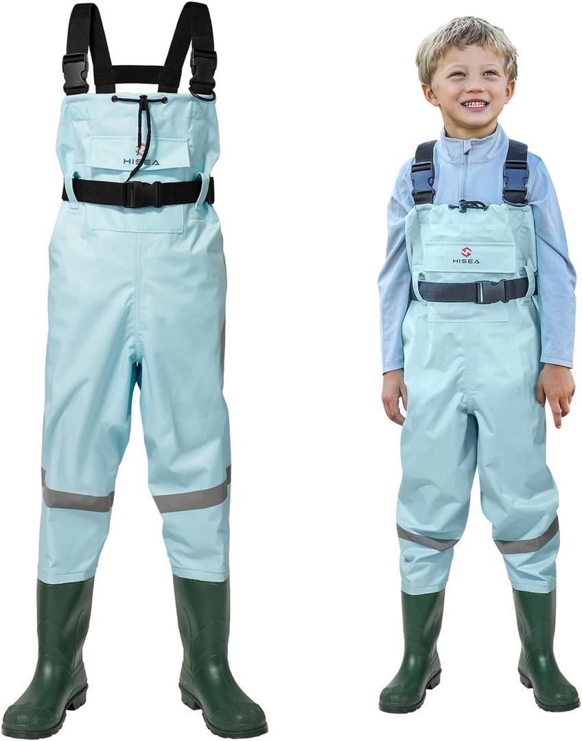 HISEA Kids Chest Waders Youth Fishing Waders for Toddler Children Waterproof Hunting Waders with Boots & Reflect Safety Band (6/7 Little Kid, Blue)