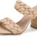 Syktkmx Womens Braided Heels Sandals Chunky Block Heel Double Strap Summer Dressy Sandal (8, Light Khaki)