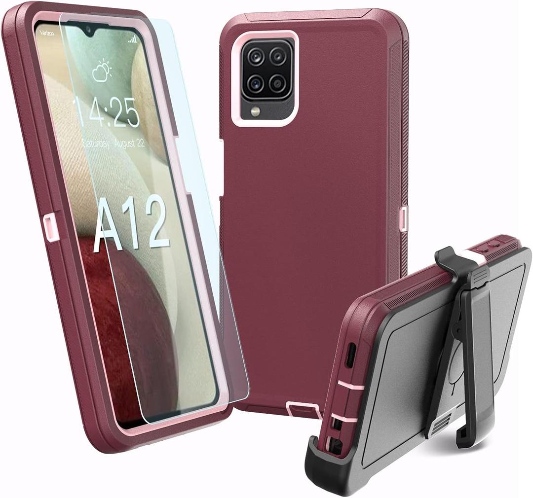for Samsung Galaxy A12 case, Heavy Duty case,[ with Clip],[Shockproof] [Dropproof] [Dust-Proof] (WineRed-Pink)