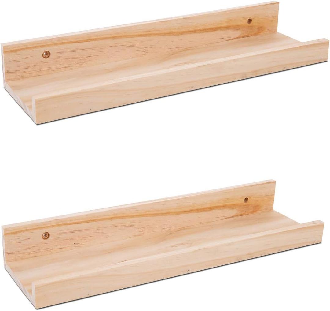 AZSKY Picture Ledge Shelf, Small Floating Shelves Set of 2, 16 Inches Nursery Book Shelves for Storage, Bookshelf Wall Mounted for Living Room Bedroom Decor Books Photo Frames,Natural