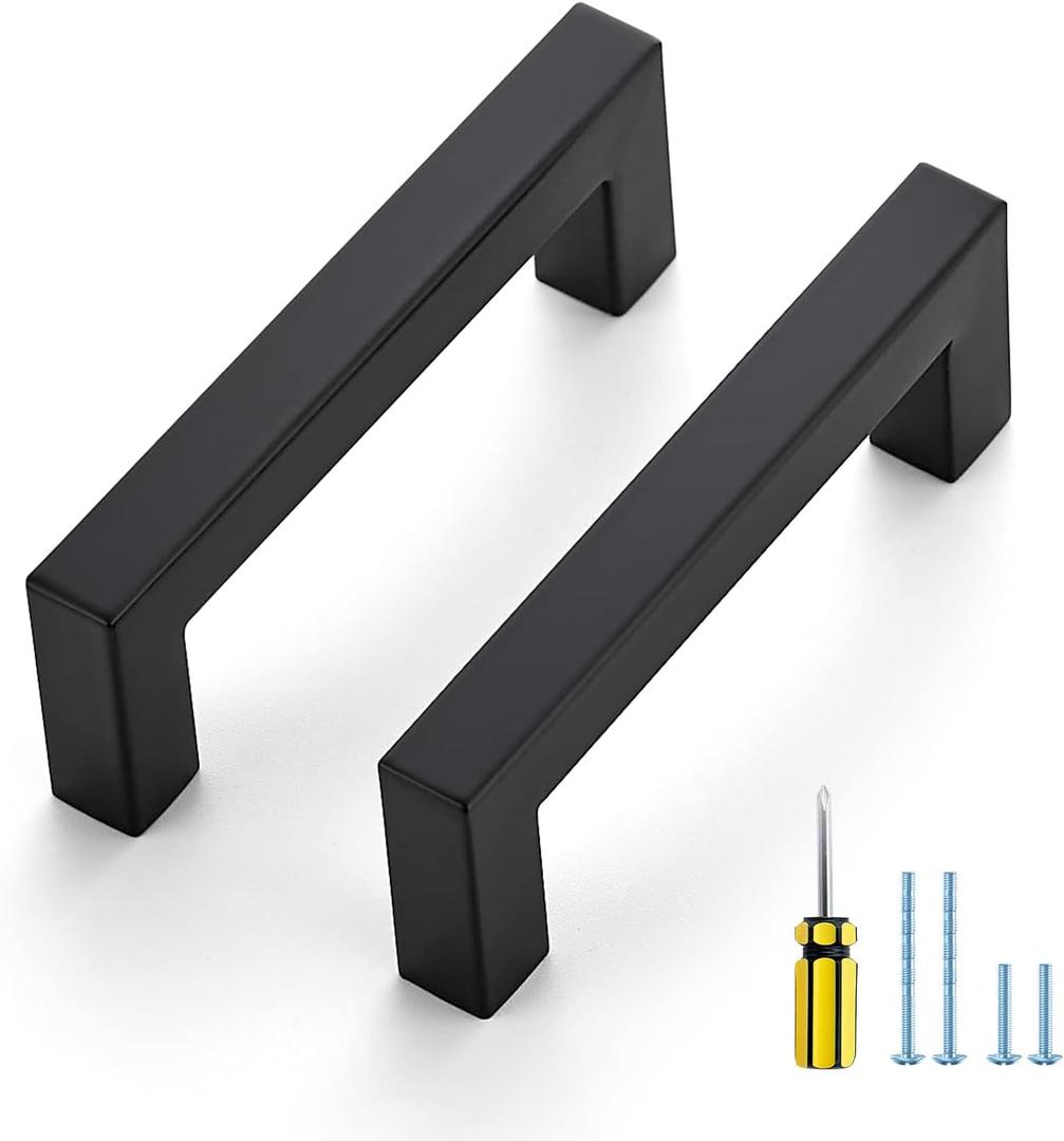 Ravinte 3 Pack Black Cabinet Pulls 3-1/2 Inch Square Cabinet Handles Matte Black Kitchen Hardware for Cabinet Drawer Pulls Come with Screwdriver