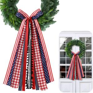 Riceshoot Large 4th of July Wreaths for Front Door Patriotic Ribbon Bow Wreath Satin Sash 250th Anniversary Decor Red White and Blue Bows Clip Patriotic Wreaths for Independence Day Indoor Outdoor