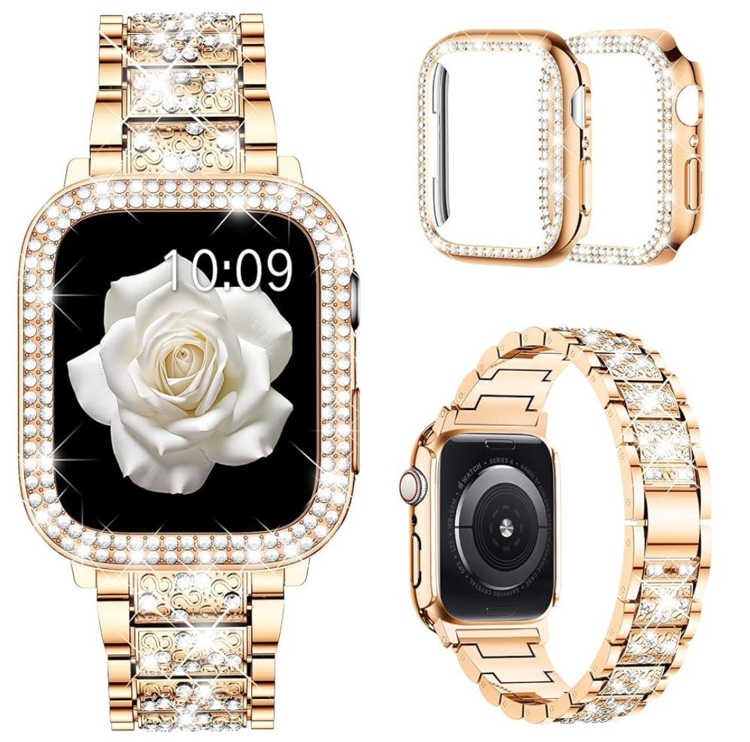 Mosonio Compatible with Apple Watch Band 38mm 40mm 41mm 42mm 44mm 45mm 46mm 49mm with 2 Pack Case Women, Jewelry Replacement Metal Bands Strap with Bling PC Protective Case for iWatch Ultra SE Series 10/9/8/7/6/5/4/3/2/1