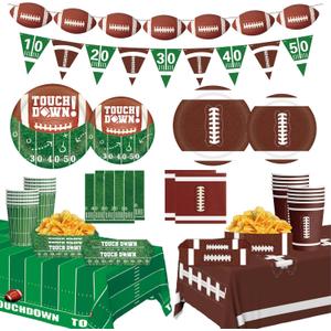 Football Party decorations Kit Serve 24,Includes touchdown Plates, Dessert Plates, Napkins, Cups,Serving Tray,Banner and Touchdown Tablecloth for Football Birthday decorations