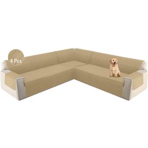 HDCAXKJ L Shape Couch Cover Sectional Sofa Cover 4 Pcs Corner Sectional Sofa Slipcovers Sets for Pets Dogs Washable Non Slip U Shaped Furniture Protector for Sectional Sofa (Tan, Large)