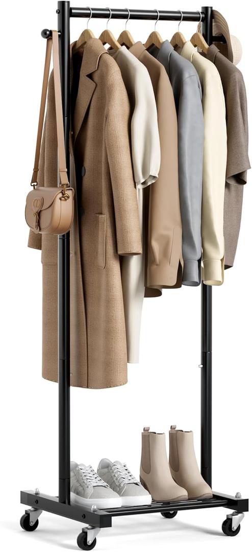 MISSLO Small Clothes Racks for Hanging Clothes Clothing Rack with Wheels 60" Metal Garment Rack with Shelves Portable Rolling Wardrobe Rack for Small Space, Black (Small 18.5")