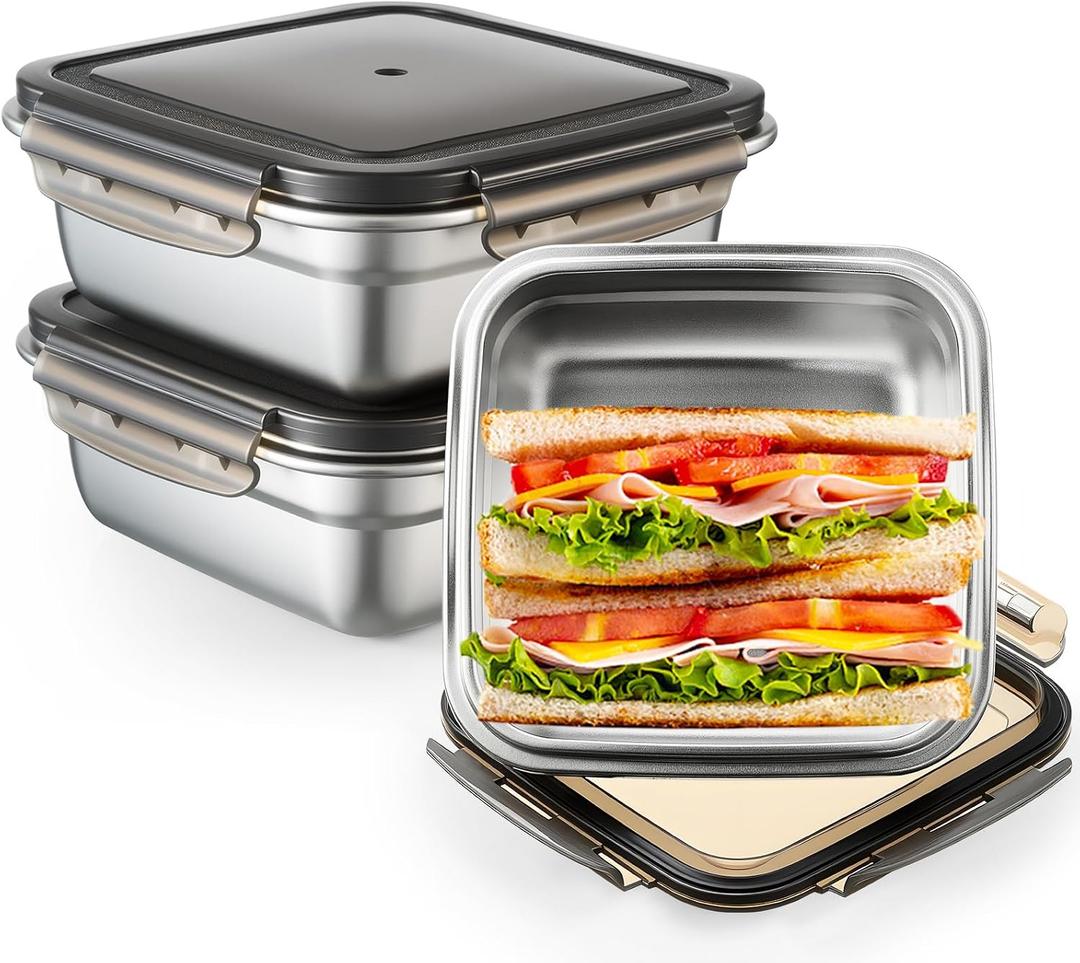 Blushtier 2 Pack Stainless Steel Sandwich Containers with Lids 25.4 oz Metal Food Container for Lunch Boxes with Airtight Silicone Seal for Sandwiches and Snacks(Black)