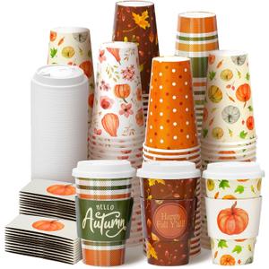 100 Pack 16 oz Fall Themed Disposable Coffee Cups with Snap-on Lids and Sleeves - for Hot or Cold Drinks, Pumpkin Spice Latte, Halloween, Thanksgiving, Autumn Party Supplies