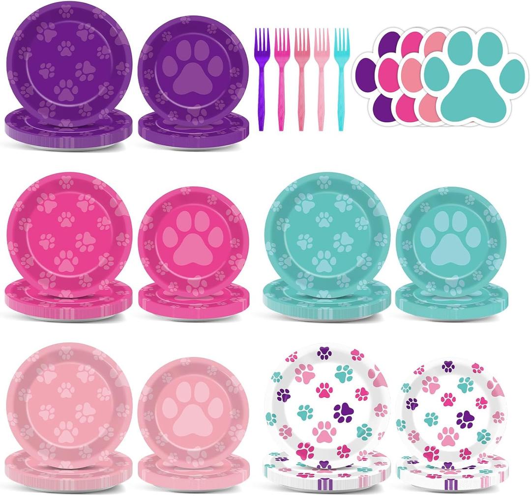 100Pcs Teal Blue Pink Purple Birthday Party Supplies Dog Paw Paper Plates and Napkins Paw Print Party Decorations Disposable Puppy Themed Tableware Set for Boy Girls Birthday Baby Shower Serves 25