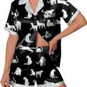 Ekouaer Womens Silk Satin Pajamas Set Animals Print Pjs Button Down Short Sleeve Lounge Set 2 Piece Sleepwear (Small, Black Leopard)
