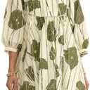 EZAPINE Women Floral Babydoll Mini Dress V Neck 3/4 Puff Sleeves A Line Flowy Swing Summer Sun Dresses L