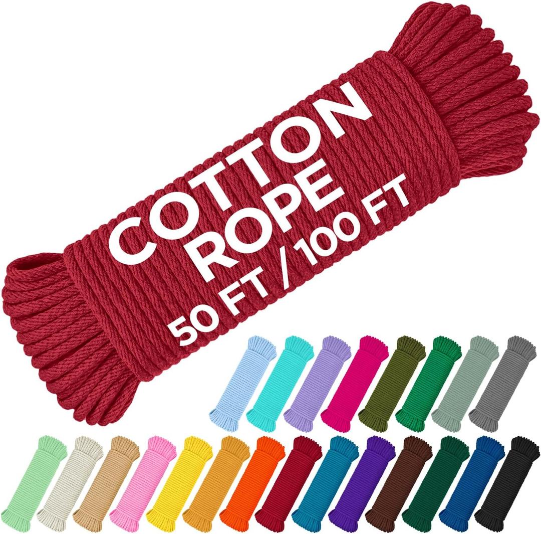 TECEUM Cotton Rope 3/16 (5 mm)  100 FT  Strong All-Purpose Braided Rope  Natural Cotton  for Crafting, amping, Clothes Line, DIY, Indoor & Outdoor Use  Red