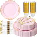 350pcs Gold Retro Dinnerware Sets Disposable, 50 Guests Heavy Duty Plastic Cutlery Sets, 100 Disposable Plates, 150 Silverware, 50 Cups, 50 Napkins for Wedding & Party, Pink
