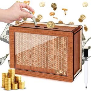 Homgaty Wooden Money Box for Cash Gift Piggy Bank for Teenager Adults, Countdown Money Saving Box with 10000 Dollars Target, Money Box with Money Target and Numbers to Check for (10000 USD)