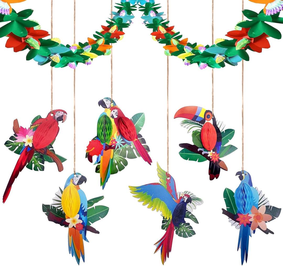 Parrot Christmas Ornament Wooden Bird Hanging Decoration Pendant with Hemp Rope,19.7Ft Tropical Garlands & 9 Hanging Wooden Parrot Birds for Christmas Tree Decoration Home Party Wall Decor (7PCS)