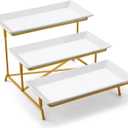 Yedio 3 Tier Serving Tray Set Porcelain Tiered Serving Platters, Collapsible Sturdier Stand with Stable Cross Bars, 12 Inch Three Layer Serving for Party Entertaining Food Display Fruit Dessert (Gold)