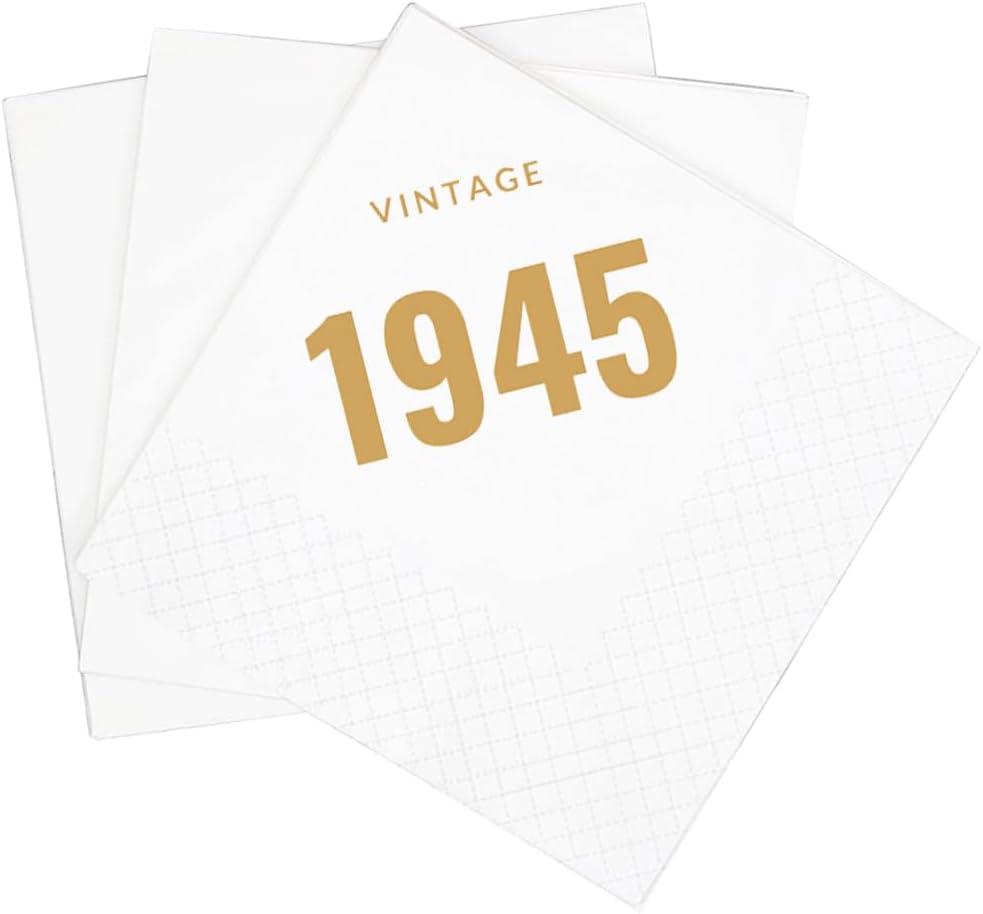 SharkBliss Vintage 1945 80th Birthday Cocktail Napkins, 100 Pack Gold Vintage 1945 Disposable Paper Beverage Cocktail Napkins for His Her Eighty 80th Birthday Party, 2-Ply, 5x5" (1945 Gold)