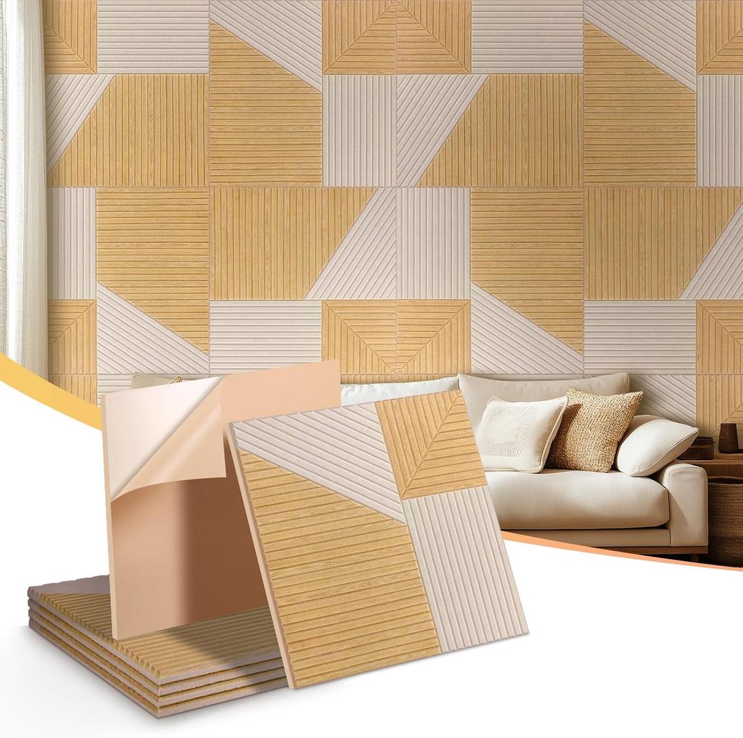 Self-Adhesive Acoustic Panels 6-Pack, Covers 24 Sq Ft - 23.6"x23.6" Brown Wood Grain Sound Proof Wall Panels, 25dB Noise Reduction, No Tools DIY for Home Office & Bedroom, 6 pack 12x16in
