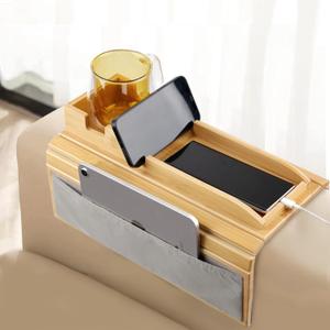 Couch Cup Holder Tray4 in 1 Couch arm Table with Side Storage PocketCouch arm Tray Anti-Slip, Bamboo Couch Table for Drinks, Snacks, Cup, Remote and Phone For Most Armrests on Couches (Natural)