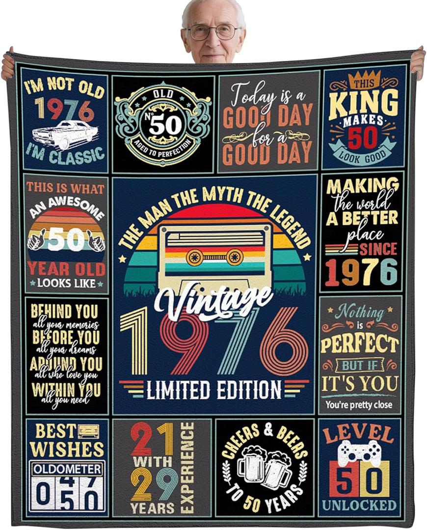 50th Birthday Gifts for Him, Vintage 1976 Throw Blanket for 50 Year Old Man, Dad, Husband, Soft Flannel 50th Birthday Blanket & Party Decorations Ideas, 50"x60"