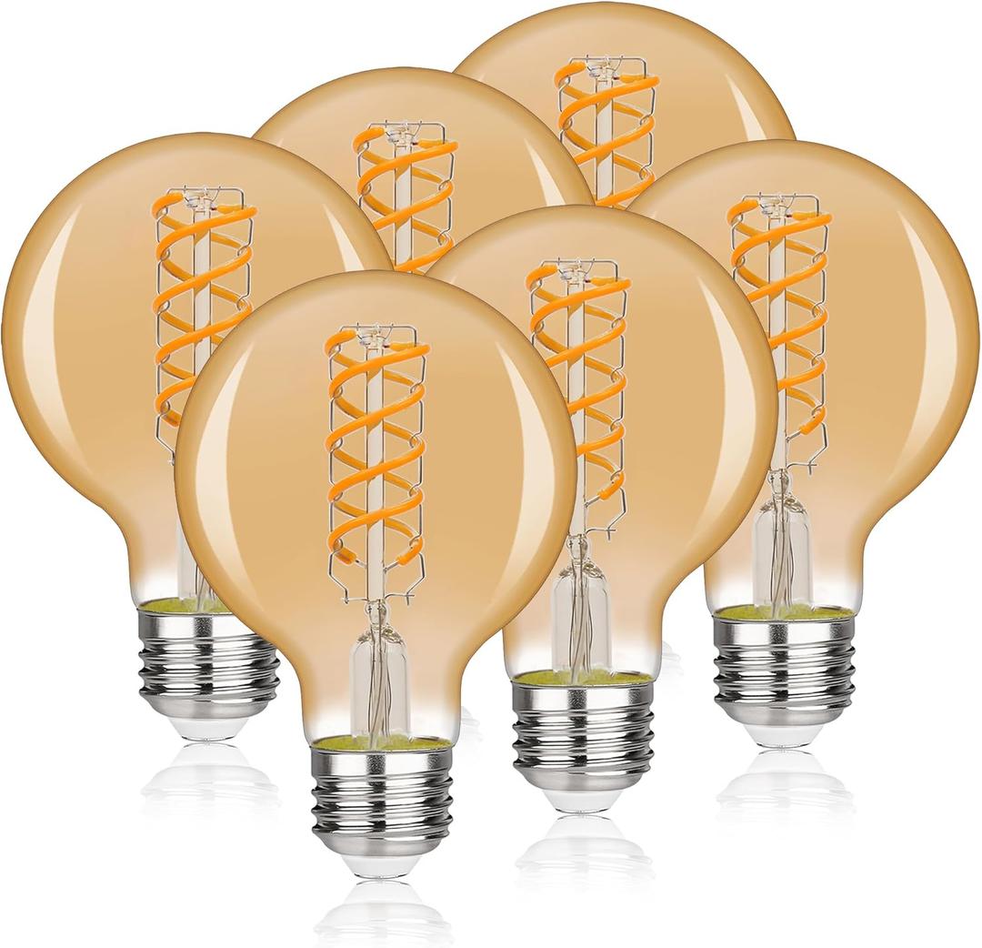 G25(G80) LED Globe Vintage Edison Bulbs, Antique Flexible Spiral LED Filament Light Bulb, 6W Equivalent to 60W, 600LM, Warm White 2500K, E26 Base, Dimmable with 80+ CRI, Amber Glass, 6Pack (2500k-amber Glass-6p)