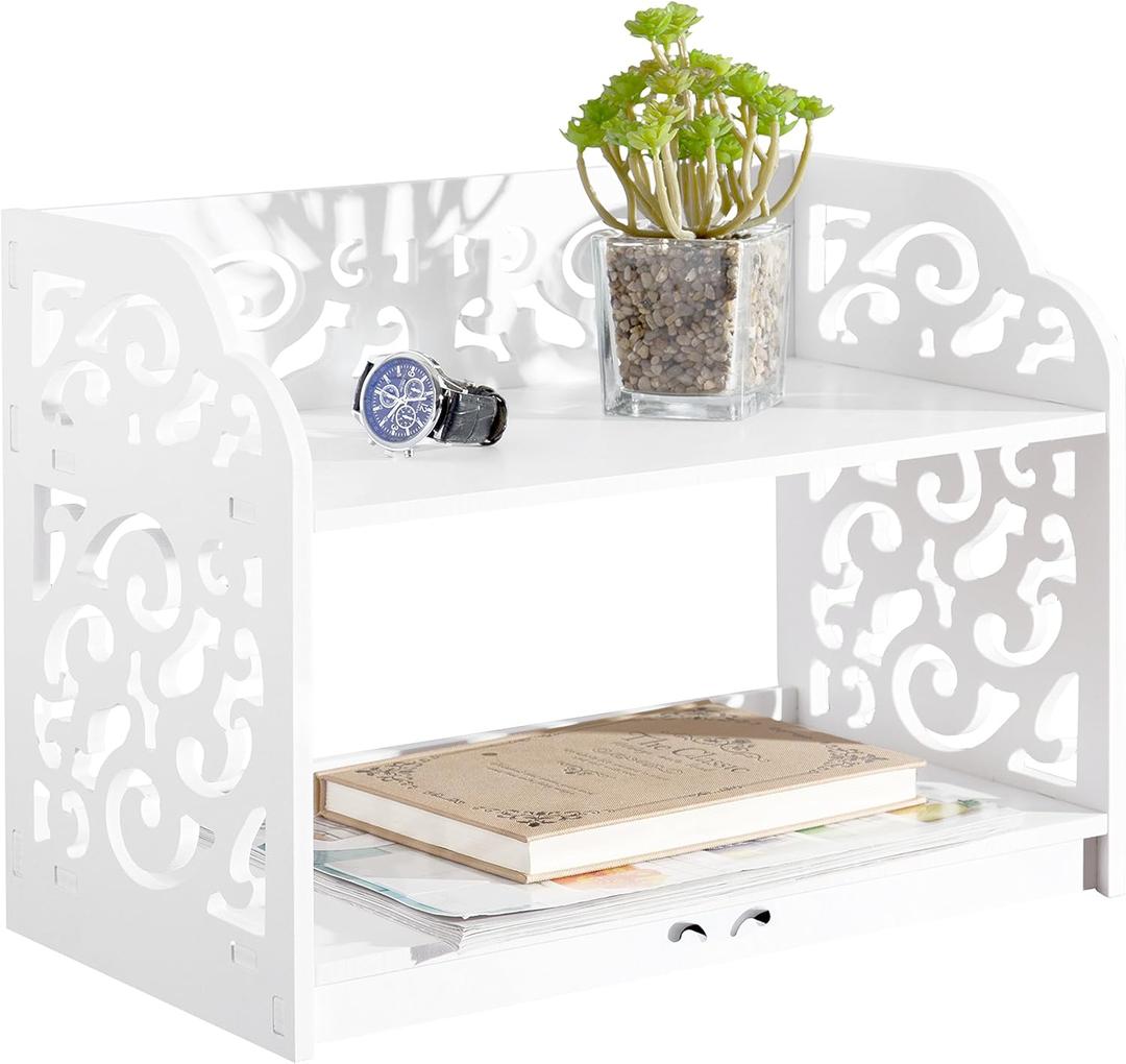 MyGift 2 Tier Vintage White Desktop Bookshelf Organizer Display Stand with Scrollwork Cut Out Design for Home Office Desk, Living Room, Bedroom