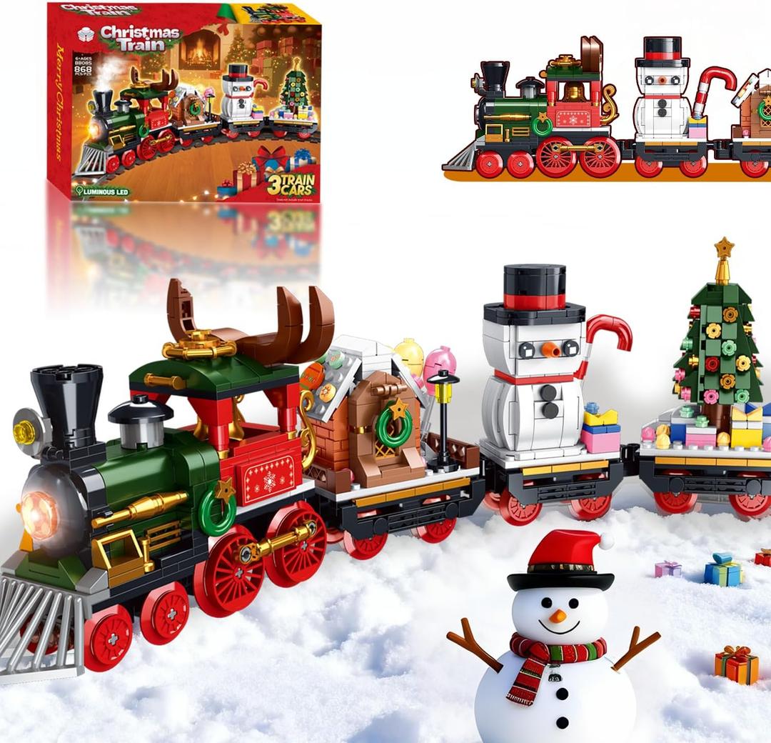 Christmas Train Building Toys Set with LED Light - Lego-Compatible 868pcs Model with Moving Coupling Rods & Working Wheels, Gingerbread House, Snowman Tree Carriages, Holiday Decor Xmas Ideas for Kids