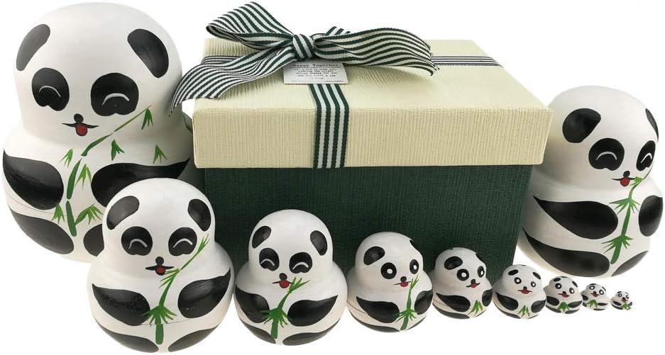 Apol Set of 10 Big-Belly Wooden Handmade Panda Bear with Bamboo Nesting Dolls Matryoshka Russian Doll in a Box with Bow for Kids Toy Home Decoration New Year