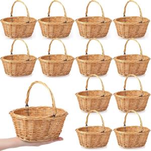 Barydat Small Wicker Basket with Handle Flower Girl Baskets Oval Willow Woven Braided Gift Basket for Weddings Picnic Baby Shower Home Garden Decor(12 Pcs,Khaki,9" x 7" x 4")