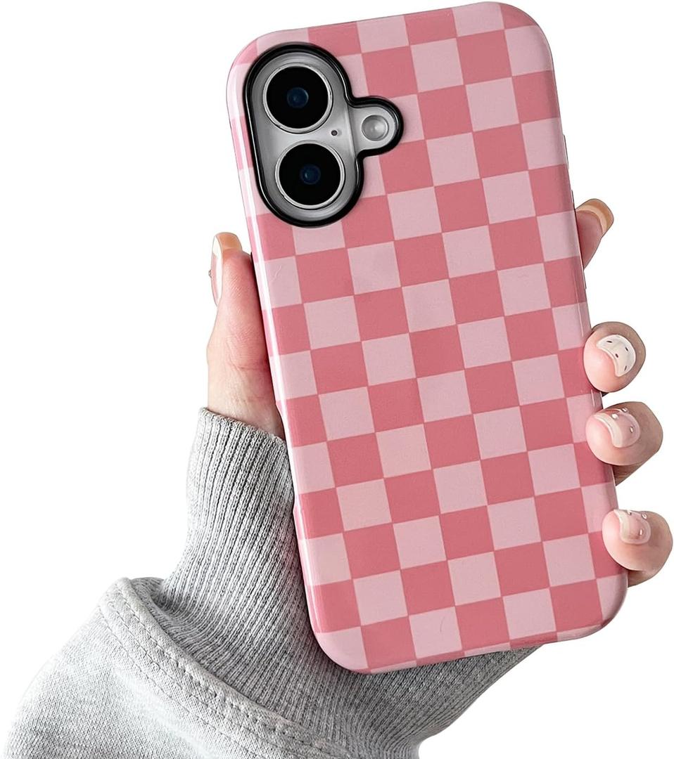 Compatible with iPhone 16 Case, Cute Aesthetic Fashion Colorful Checkered Cover for Women, Shockproof Slim Soft TPU and Hard PC Protective Phone Case for iPhone 16 6.1"- Pink