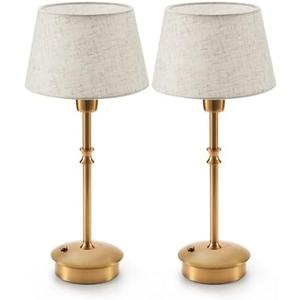 UMEXUS Small Cordless Lamp Rechargeable Table Lamps Set of 2, Dimmable Battery Operated Lights, Portable Accent Light for Side Table Restaurant Dining Outdoor, Beige Fabric Shade, Antique Brass