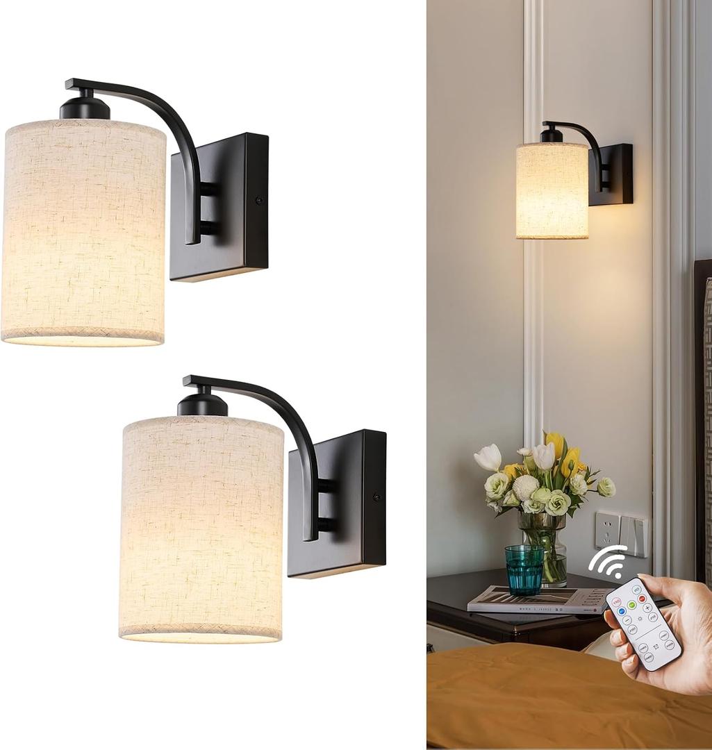 Powfloven Black Rechargeable Wall Sconces Set of 2 with Remote, Wireless Dimmable Battery Operated LED Wall Lights, Cordless Wall Lighting Lamp Fixture for Bedroom Living Room