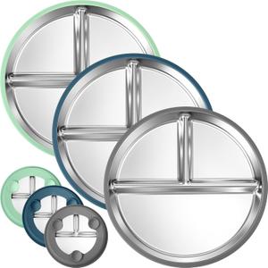 BUSOHA 3 Pack Stainless Steel Kids Plate Set - 9 Divided Toddler Baby Plates with Silicone Sleeves with Suction 2-in-1 Anti Breakage Metal Toddler Bowls Microwave Dishwasher Safe (Dark Blue + Dark Gray + Green)