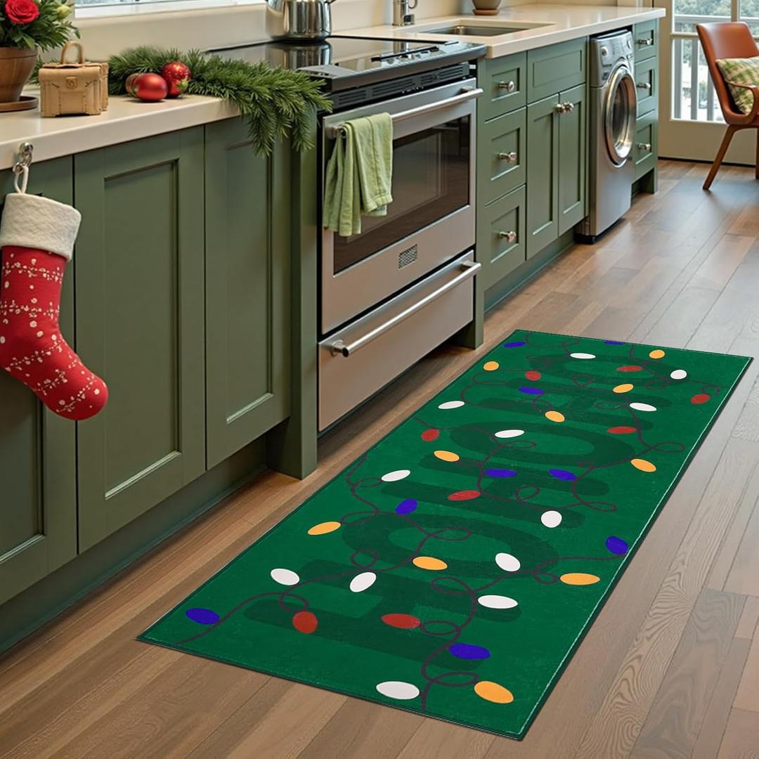 jinchan Jingle Lights Christmas Runner Rug 2x5 for Kitchen Green Holiday Rug for Hallway Bathroom Colored String Lights Pattern Xmas Decor Washable Runner for Entryway Laundry Room Bedroom Non-Slip