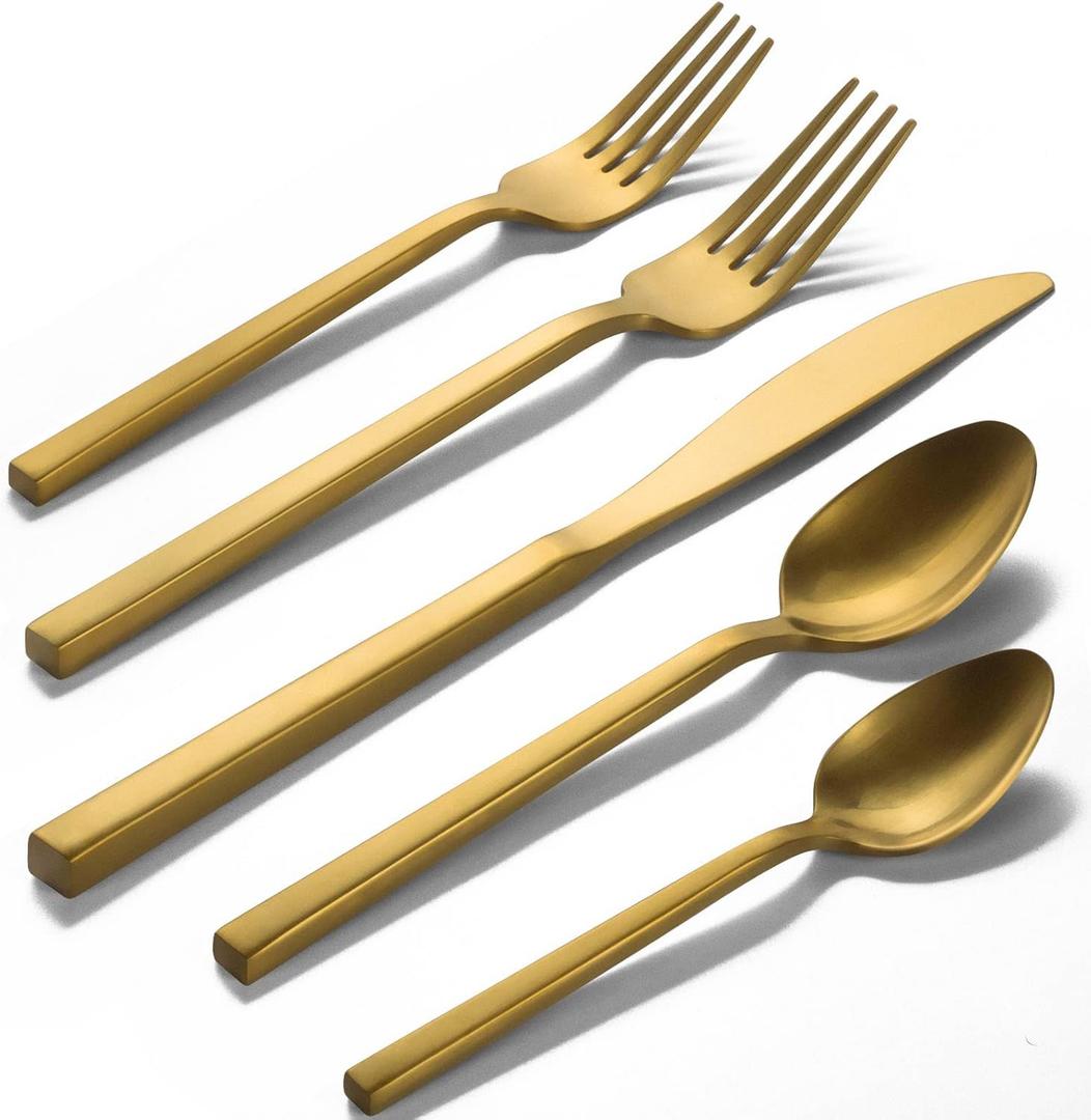 Alata Cube Gold 20-Piece Flatware Set, Forged Cutlery Set, Matte Gold Silverware Service for 4, Stainless Steel Tableware with Square Handle for Home/Restaurant, Dishwasher Safe (20 pieces for 4, Gold Satin)