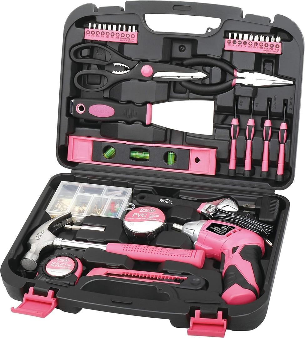Apollo Tools 135 Piece Household Pink Hand Tools Set with Pivoting Dual-Angle 3.6 V Lithium-Ion Cordless Screwdriver - DT0773N1