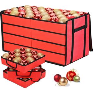 Christmas Ornament Storage Box, Organizer with 8 Removable Trays and Adjustable Dividers Holds 128 Pcs Decoration Balls, Dual Zipper for Christmas Ornament Storage (Red)