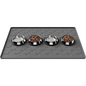 Pieviev 34''x22'' Dog Cat Food Bowl Mat, Silicone Waterproof Food Grade Pet Food Mat for Floor, High Raised Edge to Prevent Spills, Non-Slip & Easy Clean Pet Placemat for Dog & Cat Bowls, Dark Gray
