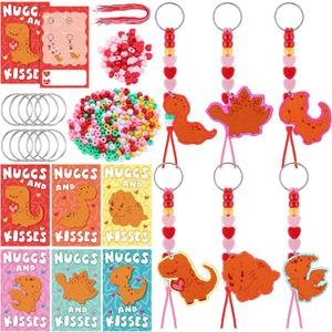 48 Pcs/24 Sets Valentine's Day Dinosaur Keychains Gift Crafts Dinosaur Nugget Cards and Beaded DIY Key Chain Making Kit Valentine Exchange Gifts for Classroom School Activities Party Favor