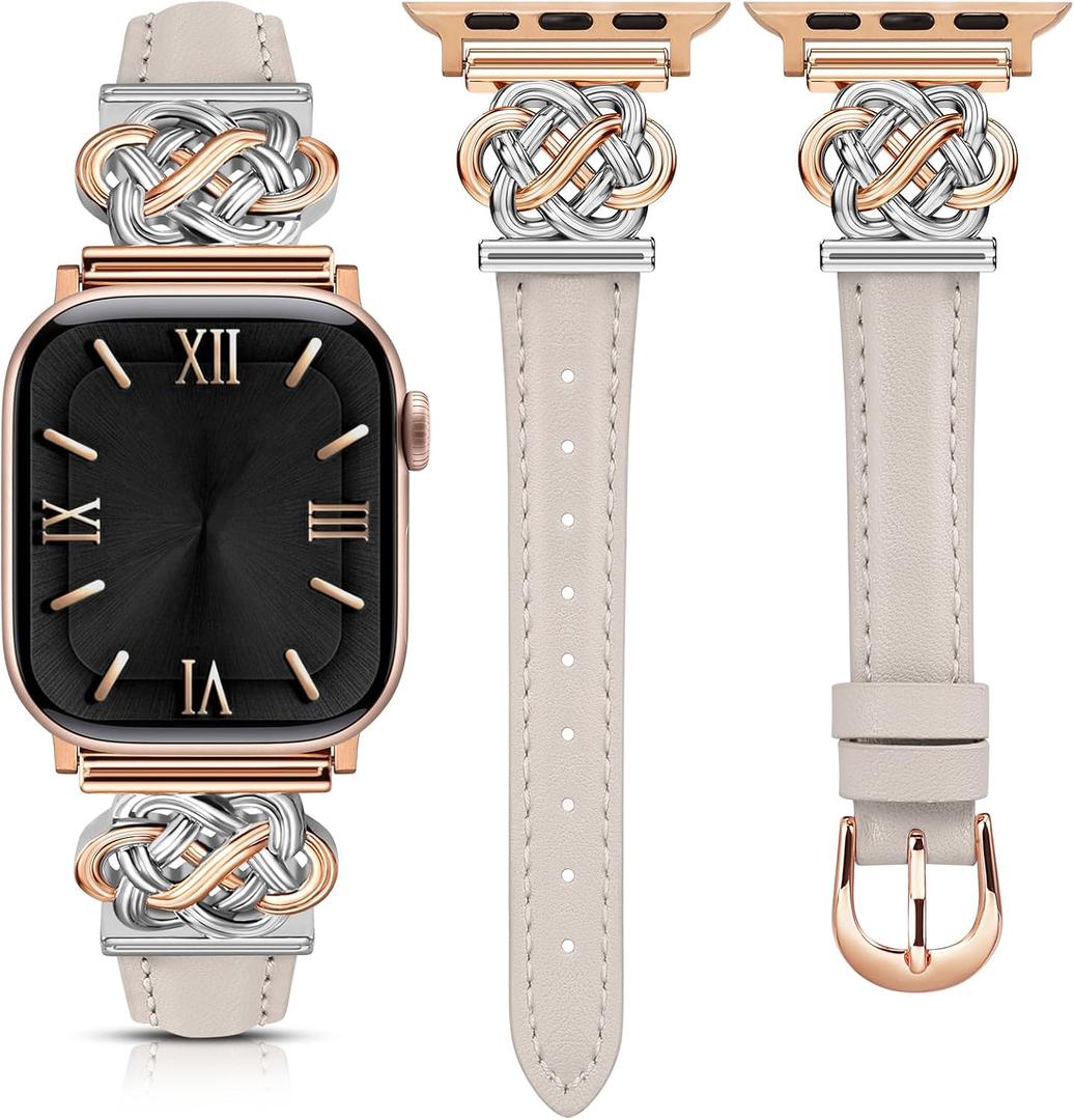 Minyee Celtic Knot Leather Band Compatible with Apple Watch Band Women, Slim Thin Dressy Premium Leather Adjustable Strap for iWatch SE/Ultra 3 2 1 Starlight/Rose Gold&Silver, 44/45/46/49/42mm(Series 3/2/1)