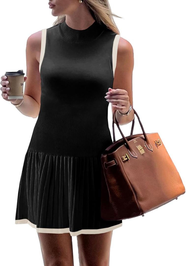 Wenrine Womens Sleeveless Summer Mini Dress Mock Neck Ribbed Knit Ruffle Pleated Casual Tank Dress (X-Large, Black)