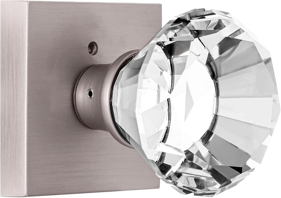 Privacy Glass Door Knob with Lock, Crystal Glass Door Knobs Interior, Bed Bath Door Knob Brushed Nickel Square Diamond, BS-002