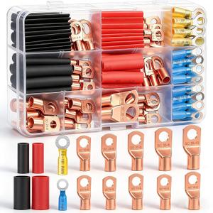 Twidec/130PCS Battery Cable Ends AWG 2 4 6 8 10 12 14 16 Gauge Copper Cable Wire Lugs,Ring Terminals Connectors,Copper Ring Terminals with Heat Shrink N-067-130PCS