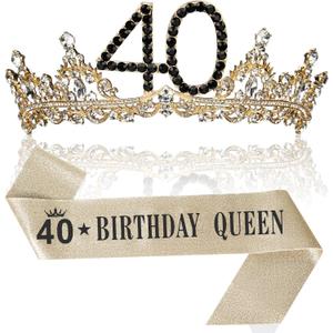 40th Birthday Crown and Sash for Women, 40 Tiara Headband, Black Gold 40th Birthday Decorations Gifts Favors for Female Friends Sister Daughter Wife Mom