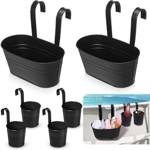 Reallnaive Metal Poolside Storage for Above Ground Pool Accessories Multifunctional Swimming Storage Basket with Cup Holder Poolside Organization for Cup Drink Towel(Black,6)